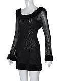SUPER WHOLESALE | Fur Collar Long-Sleeve Off-Shoulder Fitted Dres