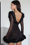 SUPER WHOLESALE | Fur Collar Long-Sleeve Off-Shoulder Fitted Dres