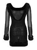 SUPER WHOLESALE | Fur Collar Long-Sleeve Off-Shoulder Fitted Dres