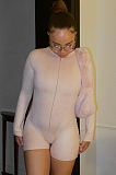 SUPER WHOLESALE | Zipper High-Neck Fitted Long-Sleeve Bodysuit Shorts