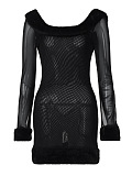 SUPER WHOLESALE | Fur Collar Long-Sleeve Off-Shoulder Fitted Dres