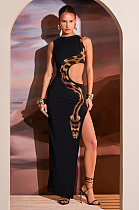 SUPER WHOLESALE | Printed Slim Fit Split Long Dress