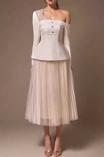 SUPER WHOLESALE |Asymmetric Shoulder Waist-Cinching Top With Lace Mesh Skirt Set