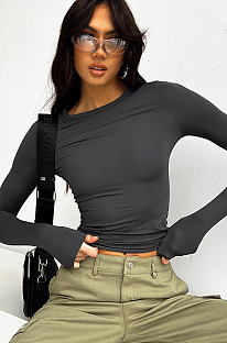 SUPER WHOLESALE | Solid Color Round Neck Long Sleeve Basic T-shirt
