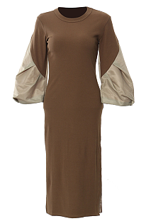 SUPER WHOLESALE | Color-Block Patchwork Puffed Sleeve Fitted Knit Dress
