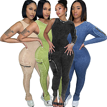 SUPER WHOLESALE |Stretch Cotton Ribbed Large Pocket Single-Sleeve Washed Slim Jumpsuit