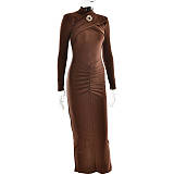 SUPER WHOLESALE | Fitted Pleated Hollow Long Sleeve Dress in Brown