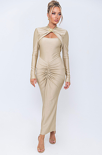 SUPER WHOLESALE | Fitted Pleated Hollow Long Sleeve Dress in Apricot