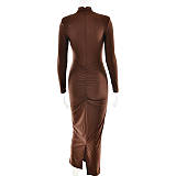 SUPER WHOLESALE | Fitted Pleated Hollow Long Sleeve Dress in Brown