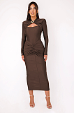 SUPER WHOLESALE | Fitted Pleated Hollow Long Sleeve Dress in Brown