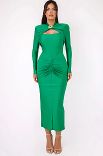 SUPER WHOLESALE | Fitted Pleated Hollow Long Sleeve Dress in Green