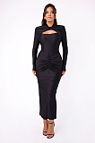 SUPER WHOLESALE | Fitted Pleated Hollow Long Sleeve Dress in Black