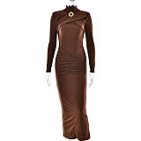 SUPER WHOLESALE | Fitted Pleated Hollow Long Sleeve Dress in Brown