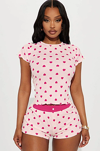 SUPER WHOLESALE |Heart Print Color Block Short Sleeve Shorts Casual Loungewear Set