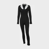 SUPER WHOLESALE | Color-blocked Faux Two-piece Collar Long Sleeve Plain Jumpsuit