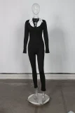 SUPER WHOLESALE | Color-blocked Faux Two-piece Collar Long Sleeve Plain Jumpsuit