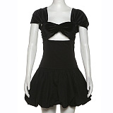 SUPER WHOLESALE | Short Sleeve Strapless Hollow High-End Velvet Patchwork Bubble Dress