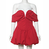 SUPER WHOLESALE | Solid Color Puff Sleeve Short Dress