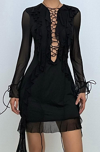 SUPER WHOLESALE |  Long sleeve lace up ruffle self tie mesh mini dress