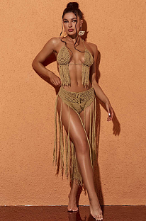 SUPER WHOLESALE | Berlin Knit Fringe Bikini Two Piece Set In Brown