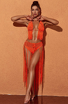 SUPER WHOLESALE | Berlin Knit Fringe Bikini Two Piece Set In Orange