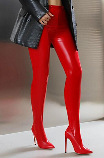 SUPER WHOLESALE | Pointed Toe Patent Leather Stretch Pants Boots in Red