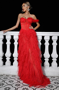 SUPER WHOLESALE |    Titania One Shoulder Tulle Maxi Dress In Red