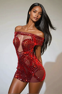 SUPER WHOLESALE | Bly Off Shoulder Rhinestone Mini Dress In Red
