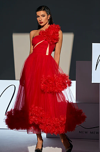 SUPER WHOLESALE |Ghslaine One Shoulder Tulle Midi Dress