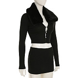 SUPER WHOLESALE | Fur Collar Skirt Set(black)