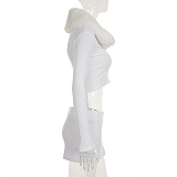 SUPER WHOLESALE | Fur Collar Skirt Set(white)