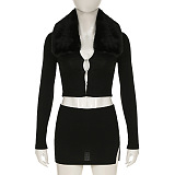 SUPER WHOLESALE | Fur Collar Skirt Set(black)