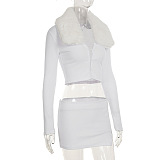 SUPER WHOLESALE | Fur Collar Skirt Set(white)
