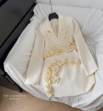 SUPER WHOLESALE |  Blazer Skirt Set with 3D Flowers(apricot)