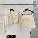 SUPER WHOLESALE |  Blazer Skirt Set with 3D Flowers(apricot)