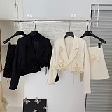 SUPER WHOLESALE |  Blazer Skirt Set with 3D Flowers(apricot)