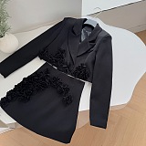 SUPER WHOLESALE |  Blazer Skirt Set with 3D Flowers(black)