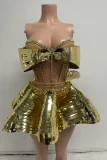 SUPER WHOLESALE | Futuristic Metallic Structured Corset and Skirt Set(gold)