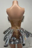 SUPER WHOLESALE | Futuristic Metallic Structured Corset and Skirt Set (silver)