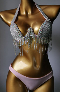 SUPER WHOLESALE | Fringe Halter Bikini Set(pink)