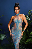 SUPER WHOLESALE |  Halterneck Rhinestone Maxi Dress In Blue