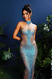 SUPER WHOLESALE |  Halterneck Rhinestone Maxi Dress In Blue