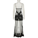 SUPER WHOLESALE | Lace Mesh Splicing Sheer Sleeveless Strapless Long Dress