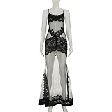 SUPER WHOLESALE | Lace Mesh Splicing Sheer Sleeveless Strapless Long Dress