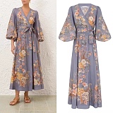 SUPER WHOLESALE | Self-tie Plunging Neck Printed Long Dress