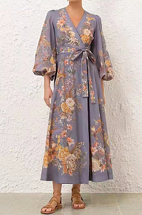 SUPER WHOLESALE | Self-tie Plunging Neck Printed Long Dress