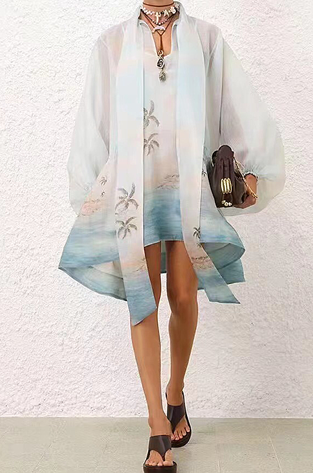 SUPER WHOLESALE | Palm Printed Knot Neck Shirt Dress