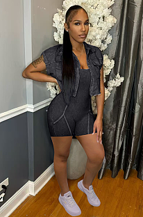 SUPER WHOLESALE |  Washed Romper Set with Jacket Coat