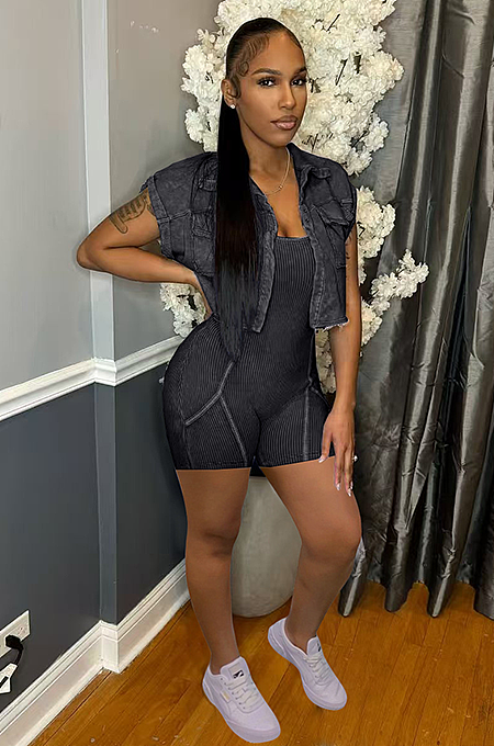 SUPER WHOLESALE |  Washed Romper Set with Jacket Coat