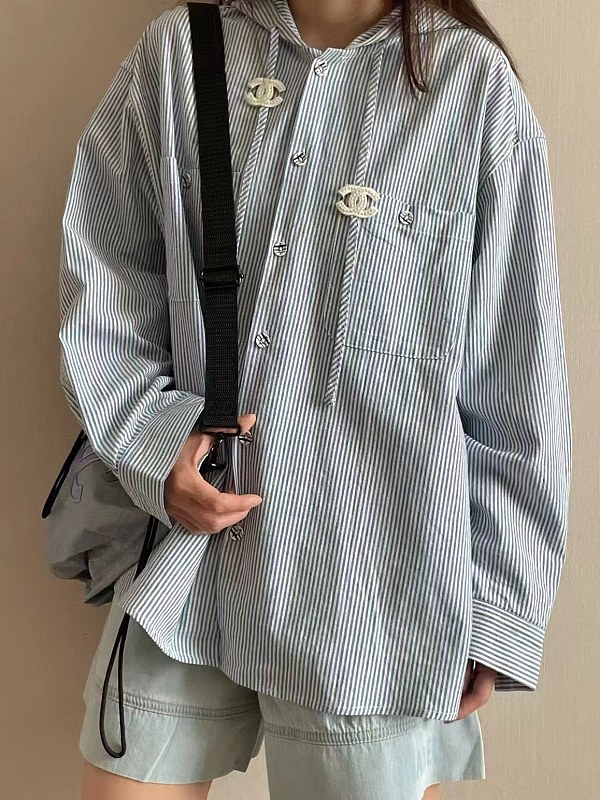 SUPER WHOLESALE | Striped Shirt Hoodie Top